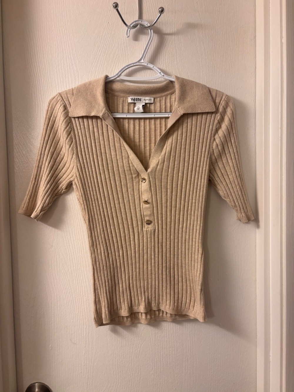 White House Black Market Ribbed Polo Sweater in Light Beige